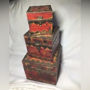 Set of 3 Pier 1 Imports Decorative Nesting Boxes Wood & Metal Accents Box India